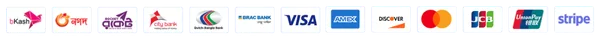 Accepted payment methods: bKash, Nagad, Bangla QR, City Bank, Dutch-Bangla Bank, BRAC Bank, VISA, AMEX, Discover, Mastercard, JCB, UnionPay, Stripe